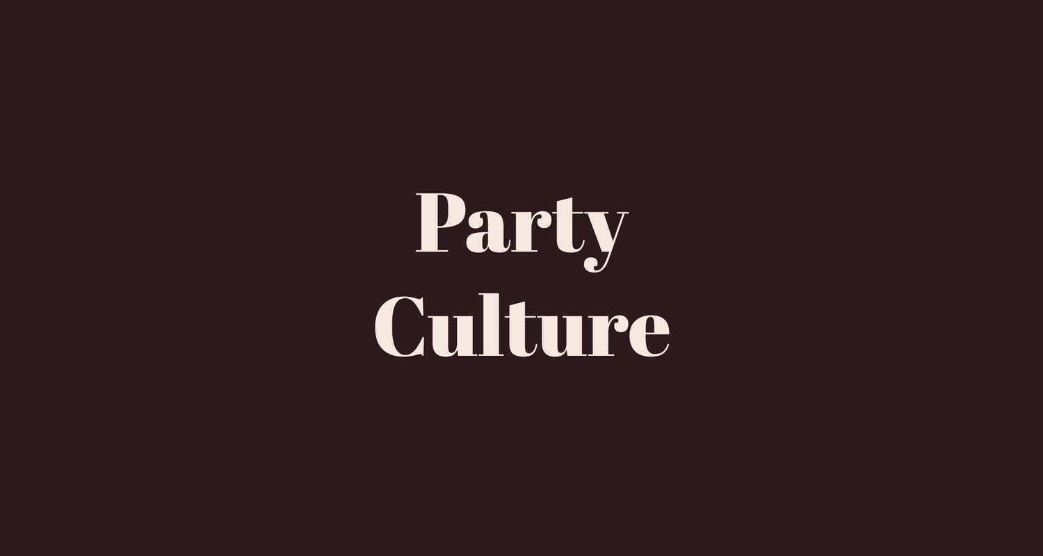 Party Culture text in elegant serif over a dark wine background — hints at late-night energy and stylish chaos~IVAAHI